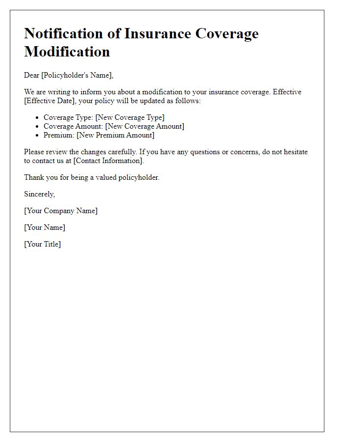 Letter template of notification for insurance coverage modification