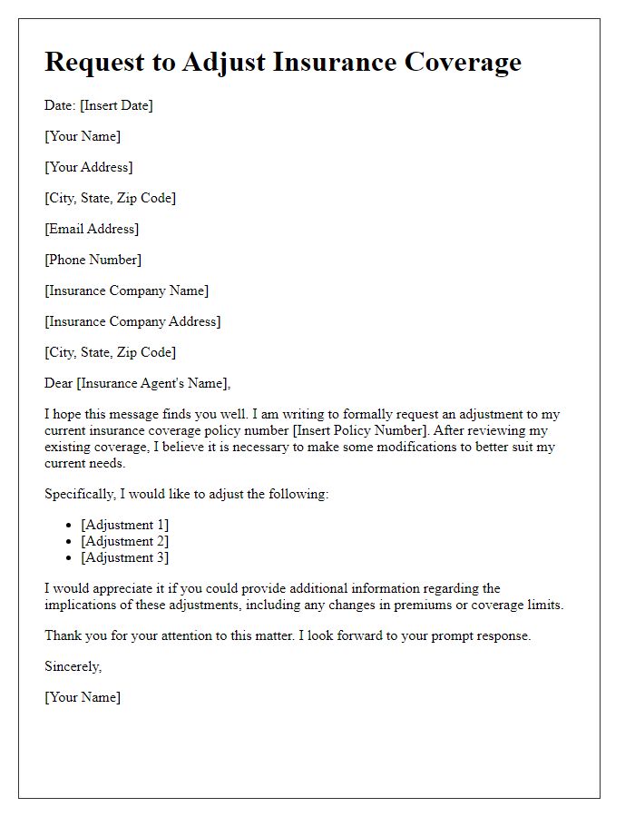 Letter template of request to adjust insurance coverage