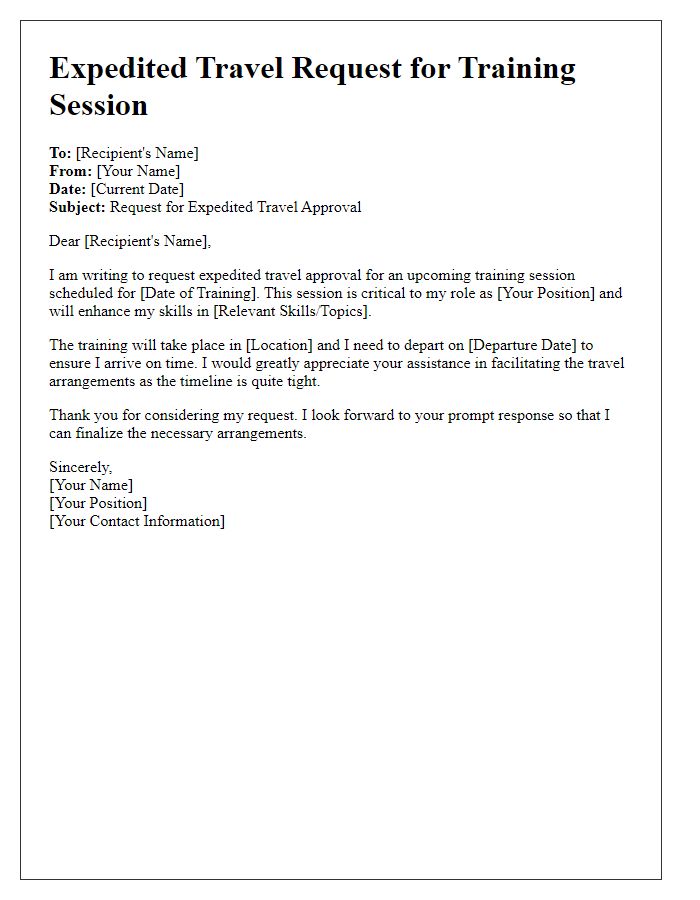 Letter template of expedited travel request for training session.