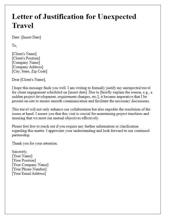 Letter template of unexpected travel justification for client engagement.