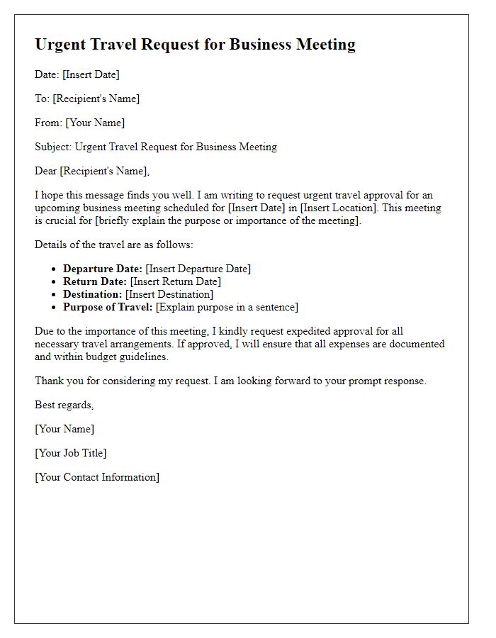 Letter template of urgent travel request for business meeting.