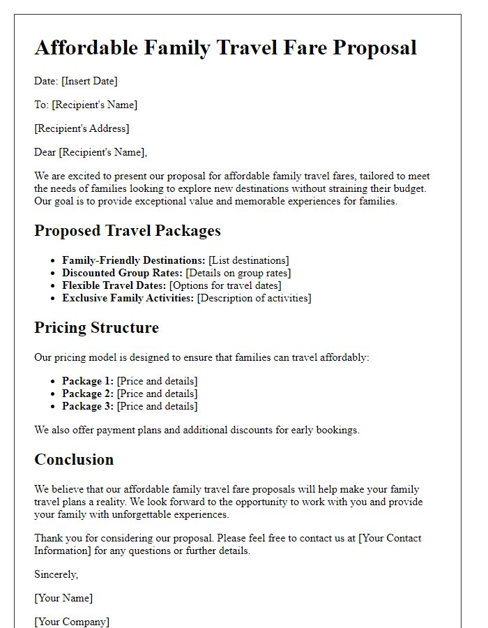 Letter template of affordable family travel fare proposals.