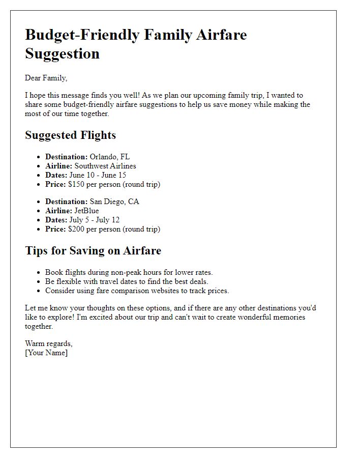 Letter template of budget-friendly family airfare suggestion.