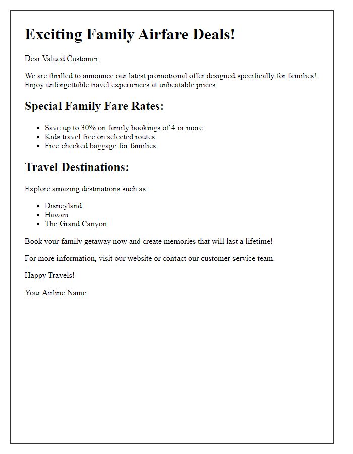 Letter template of promotional family airfare pricing.