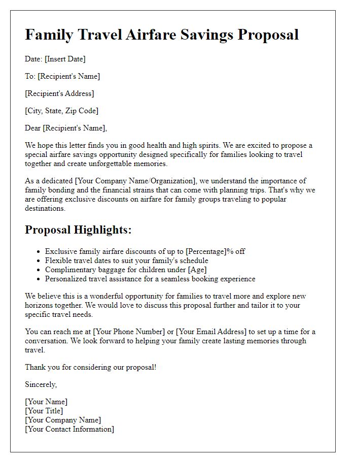 Letter template of special family travel airfare savings proposal.