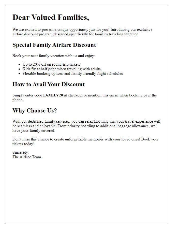 Letter template of unique airfare discount opportunity for families.