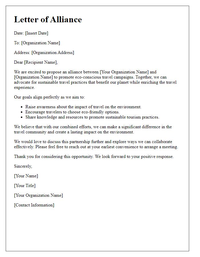 Letter template of alliance with eco-conscious travel campaigns