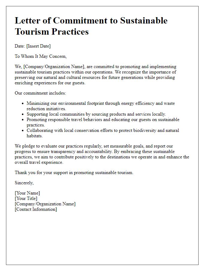 Letter template of commitment to sustainable tourism practices