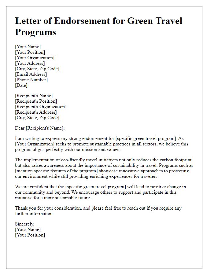 Letter template of endorsement for green travel programs