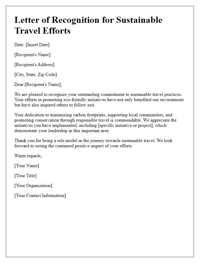 Letter template of recognition for sustainable travel efforts