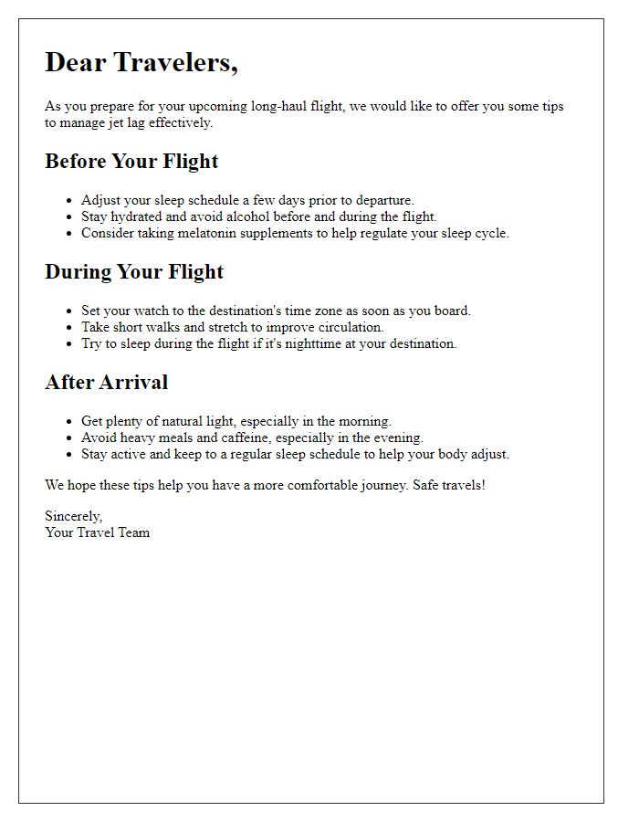 Letter template of jet lag management advice for long-haul flight passengers.