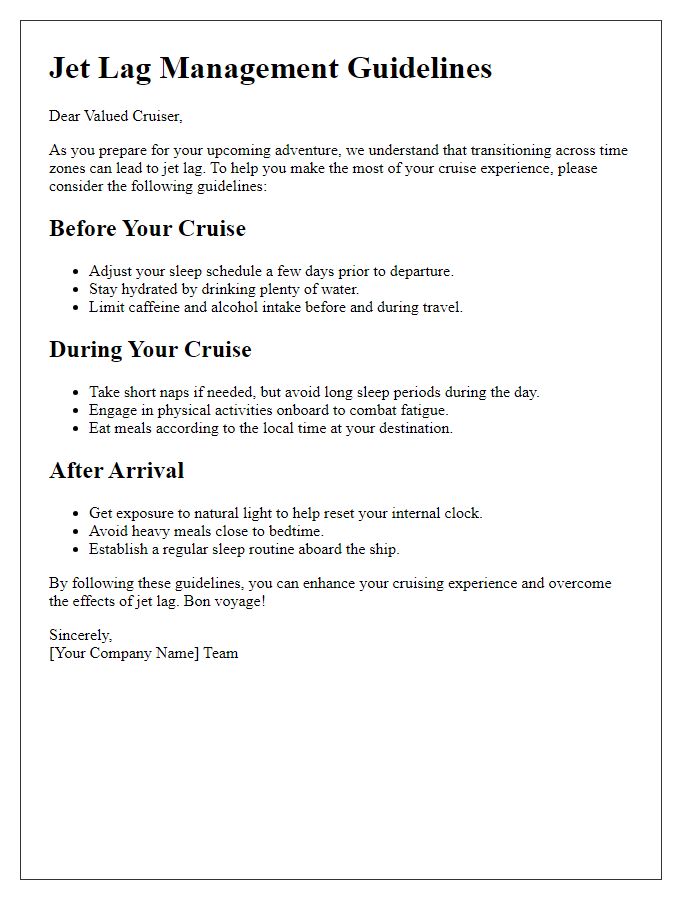 Letter template of jet lag management guidelines for cruise travelers.