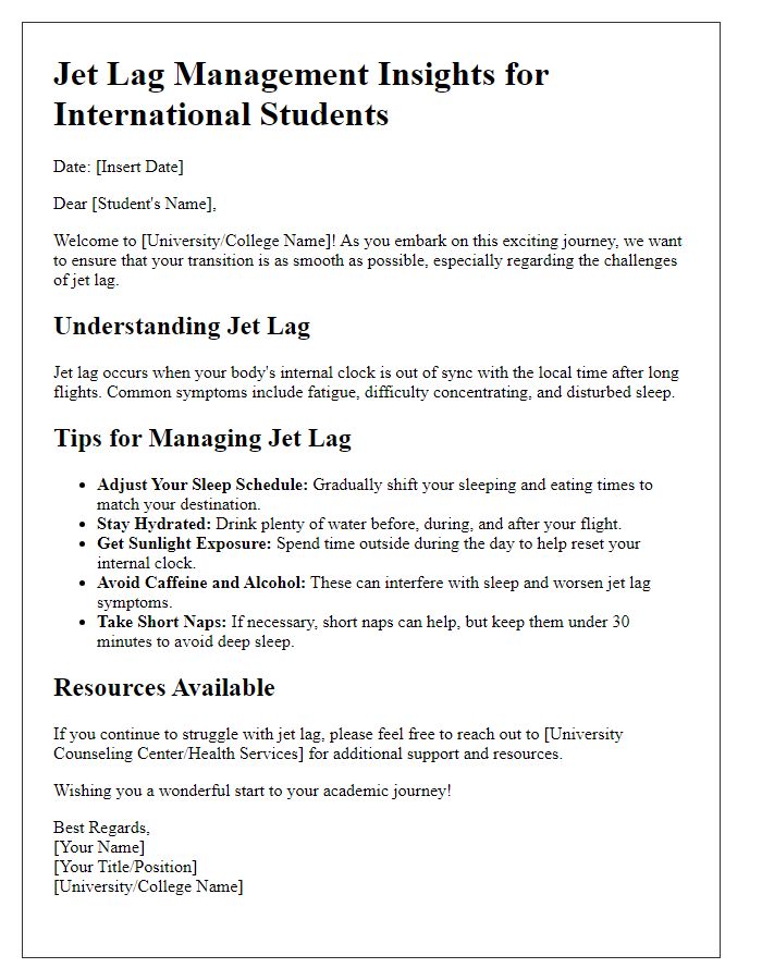 Letter template of jet lag management insights for international students.