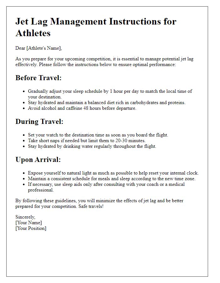 Letter template of jet lag management instructions for athletes.