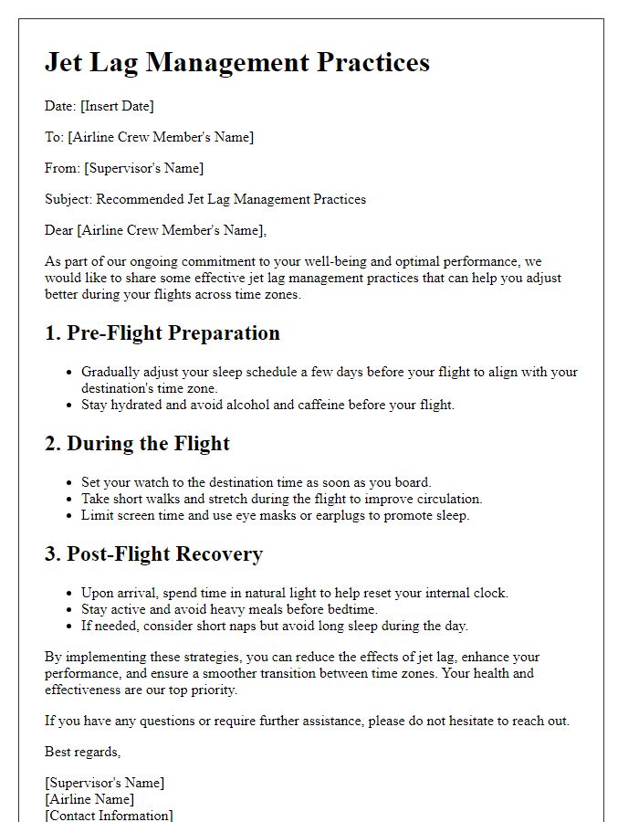 Letter template of jet lag management practices for airline crew members.