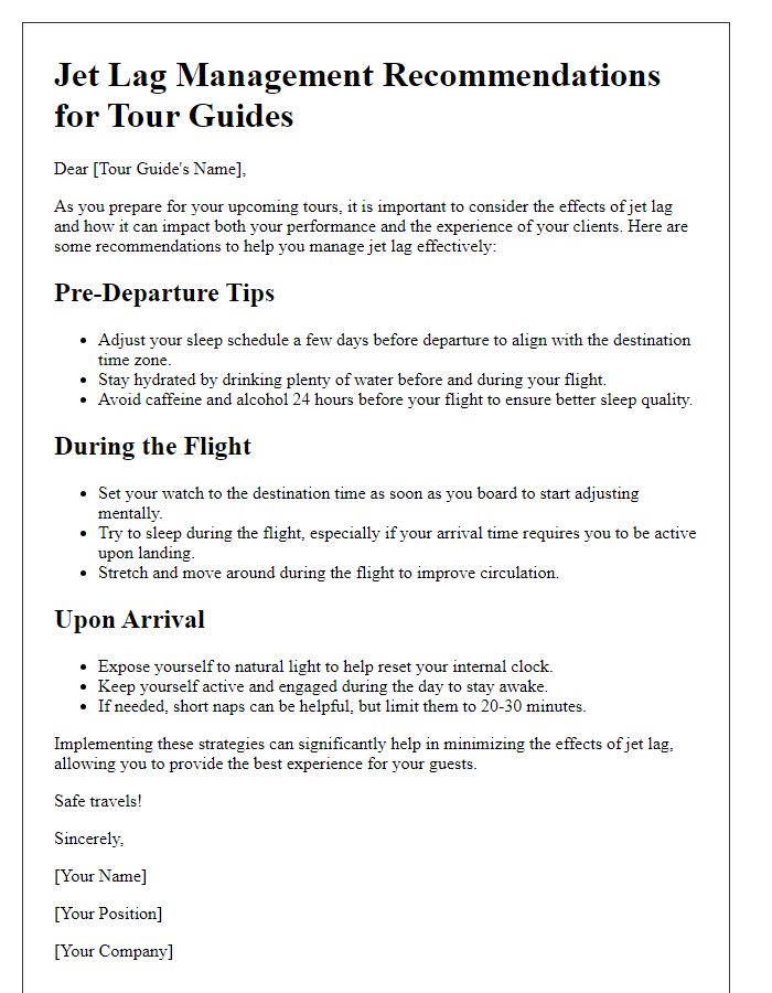 Letter template of jet lag management recommendations for tour guides.