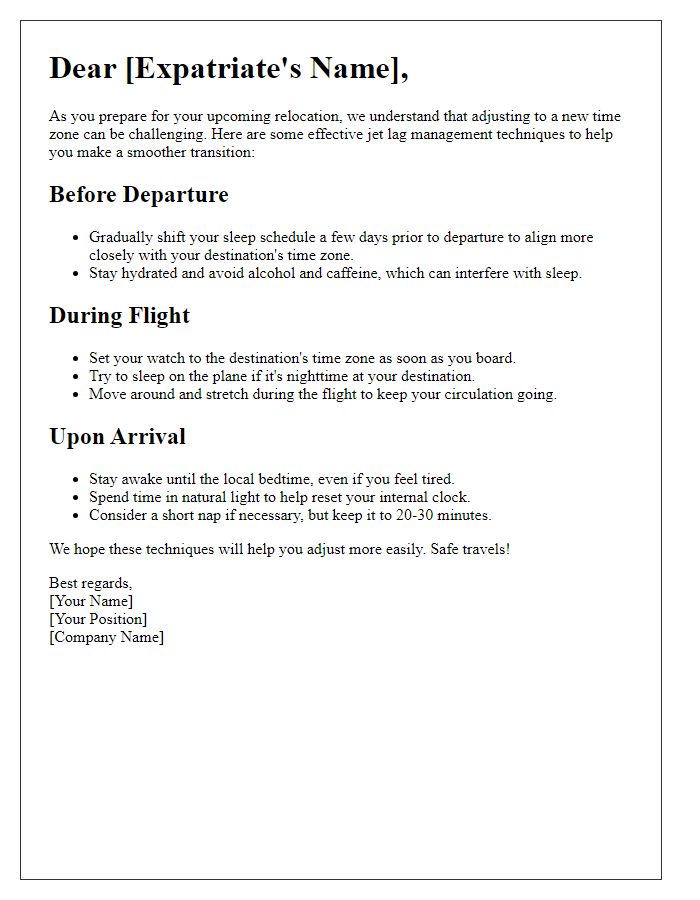 Letter template of jet lag management techniques for expatriates.