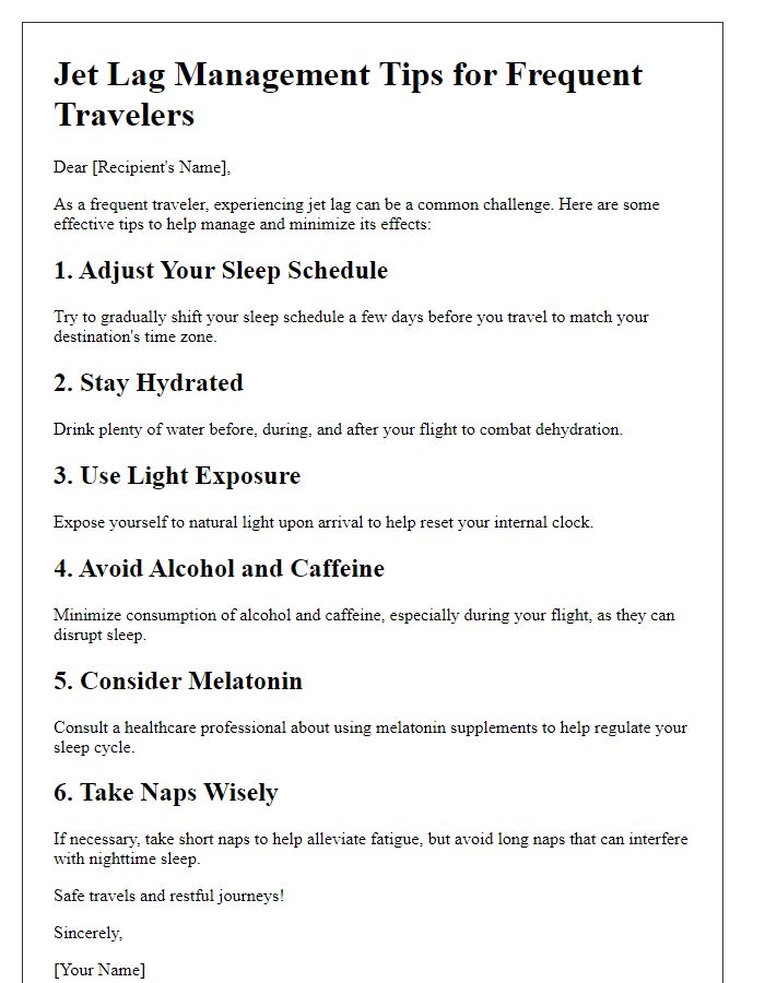 Letter template of jet lag management tips for frequent travelers.