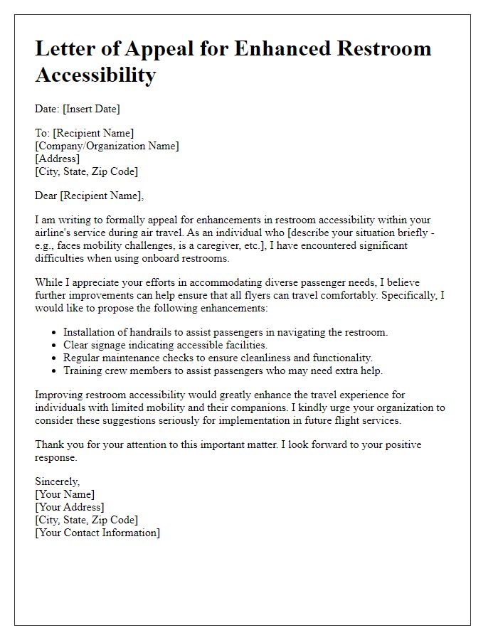 Letter template of appeal for enhanced restroom accessibility during air travel.