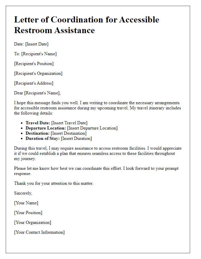 Letter template of coordination for accessible restroom assistance during travel.