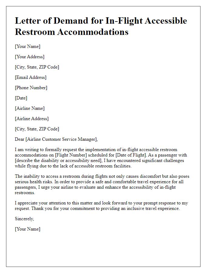 Letter template of demand for in-flight accessible restroom accommodations.