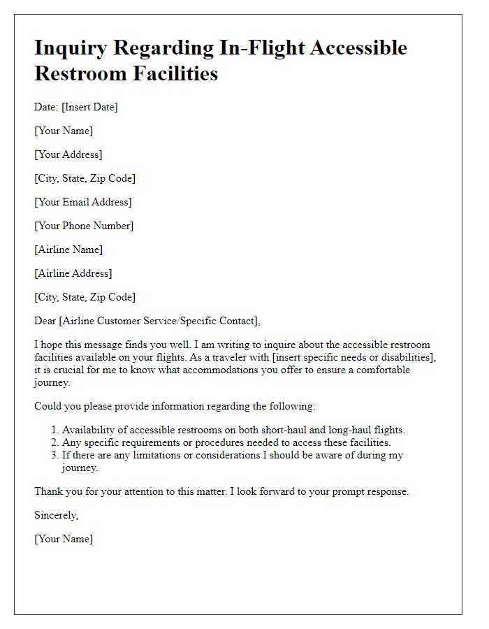 Letter template of inquiry regarding in-flight accessible restroom facilities.