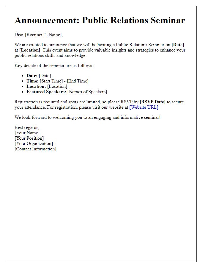 Letter template of announcement for a public relations seminar