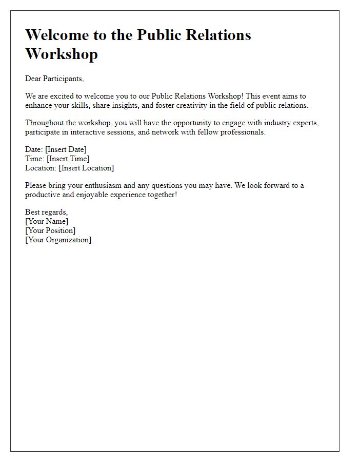 Letter template of welcome message for public relations workshop