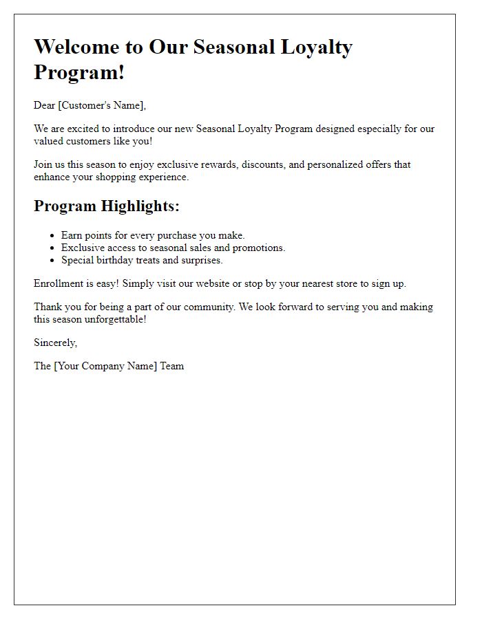 Letter template of seasonal loyalty program introduction