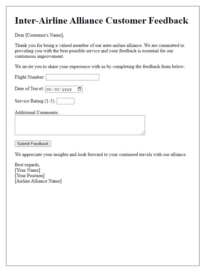 Letter template of inter-airline alliance customer feedback integration