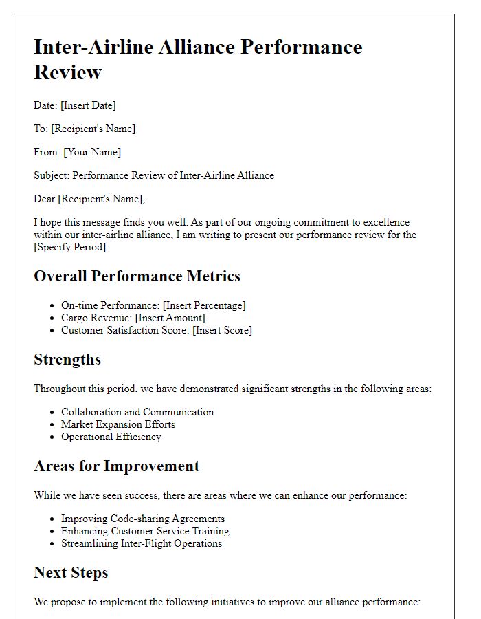 Letter template of inter-airline alliance performance review