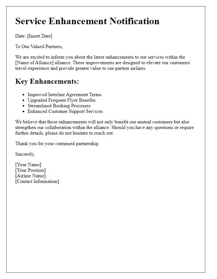 Letter template of inter-airline alliance service enhancement notification