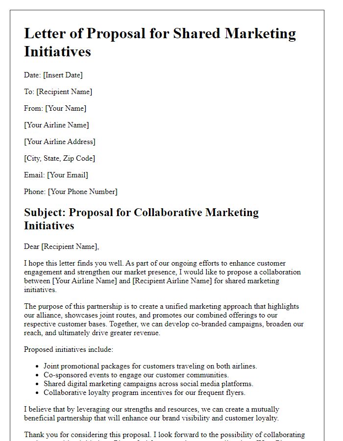 Letter template of inter-airline alliance shared marketing initiatives