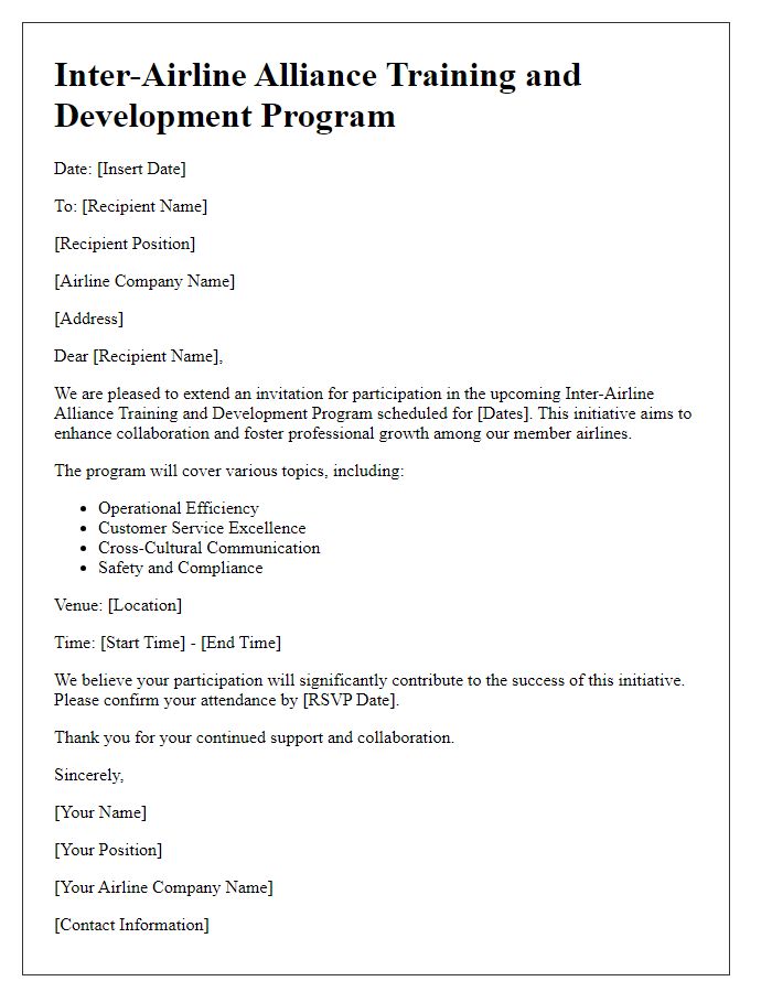 Letter template of inter-airline alliance training and development