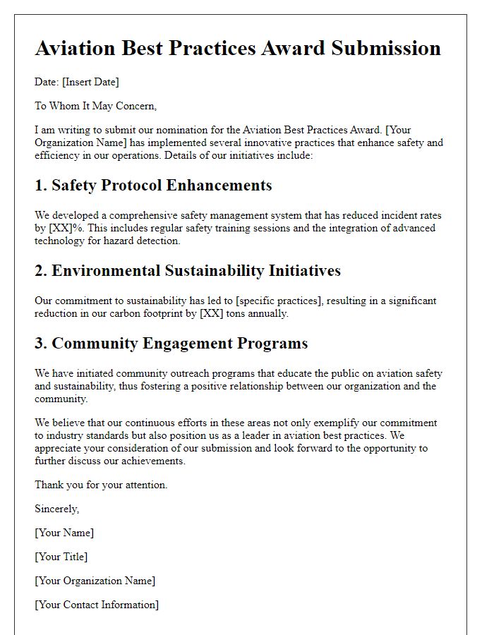 Letter template of aviation best practices award submission