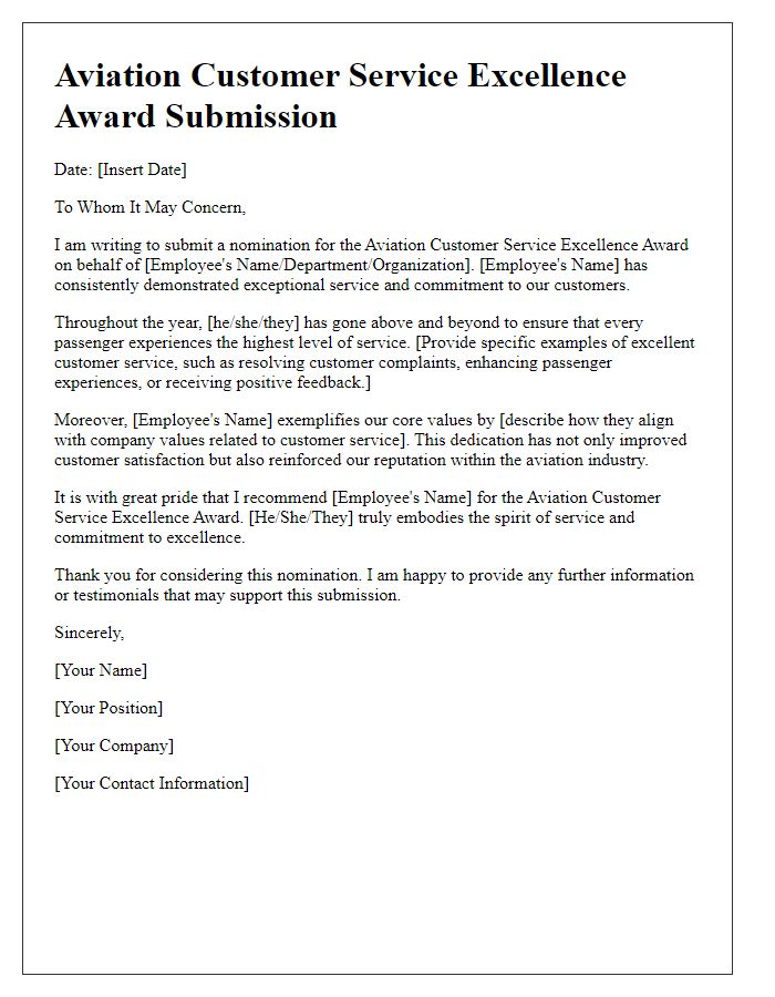 Letter template of aviation customer service excellence award submission