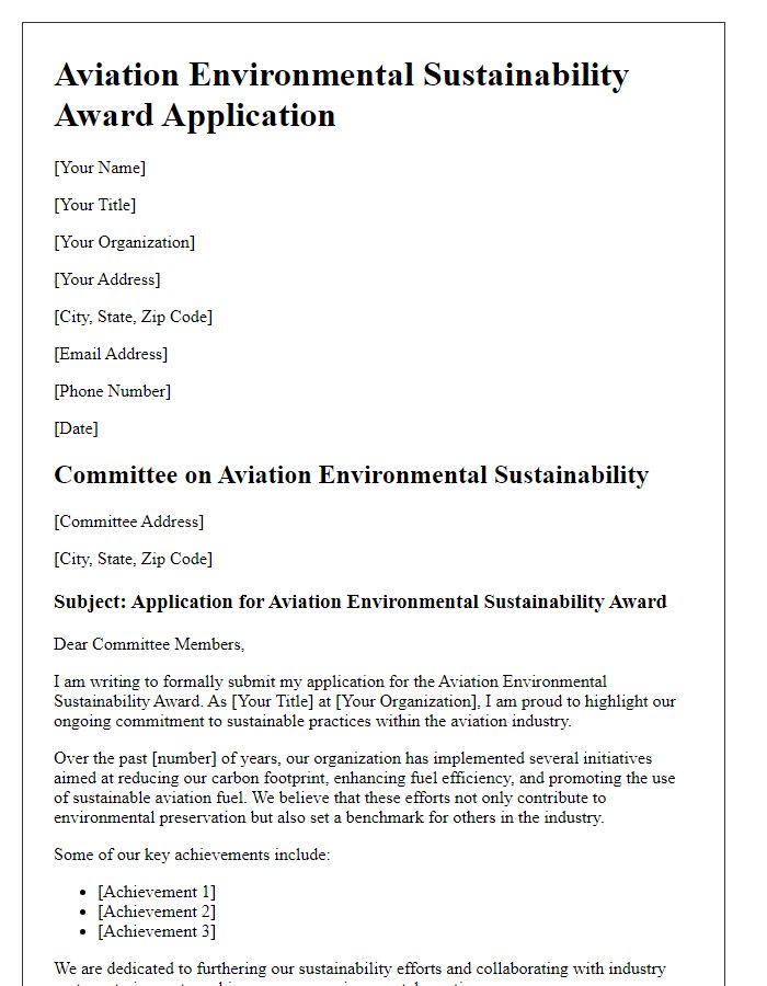 Letter template of aviation environmental sustainability award application