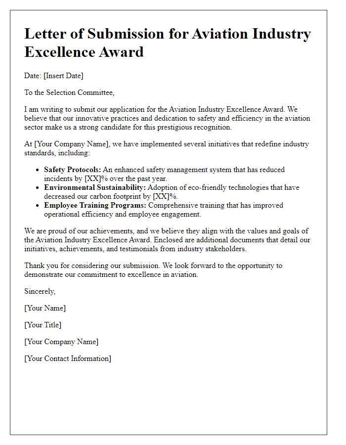 Letter template of aviation industry excellence award submission