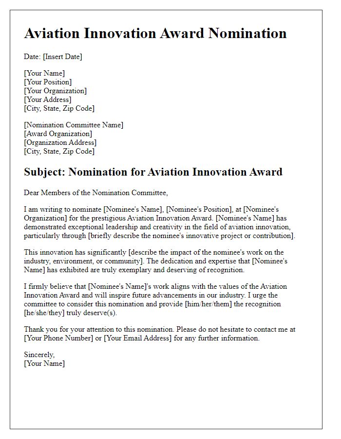 Letter template of aviation innovation award nomination