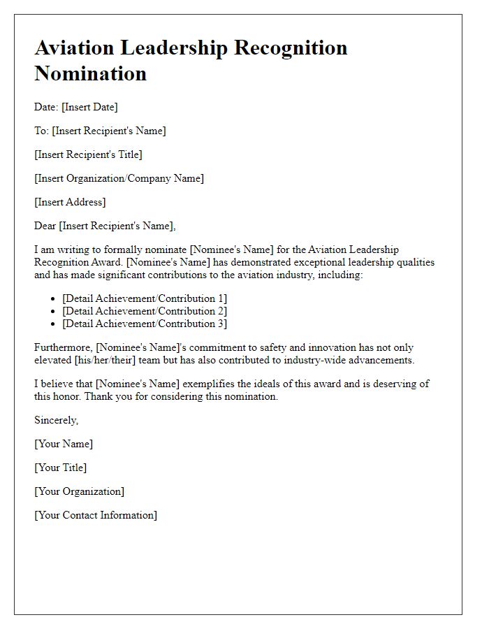 Letter template of aviation leadership recognition nomination