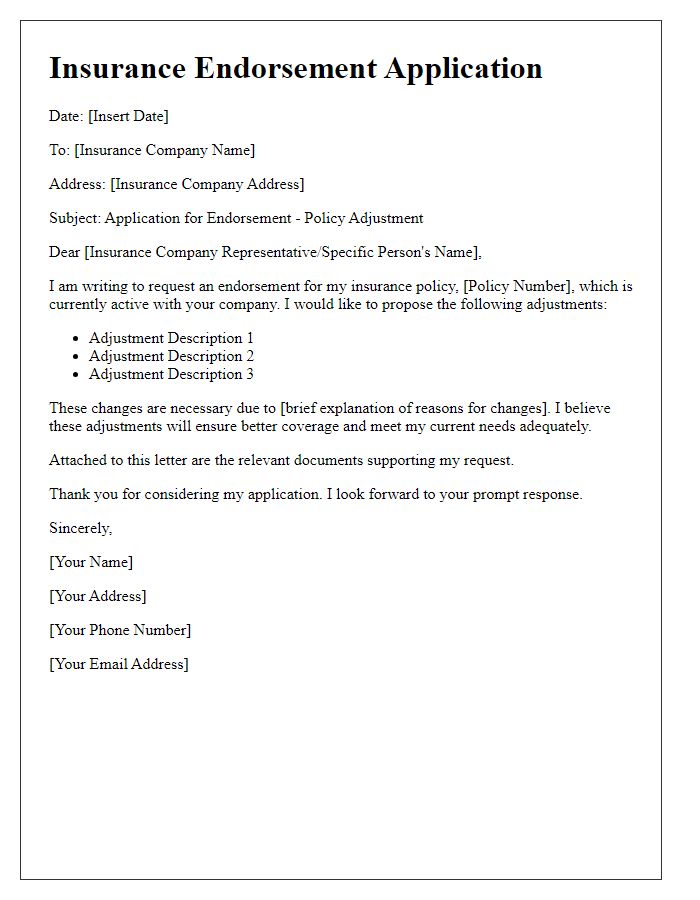 Letter template of insurance endorsement application for policy adjustment