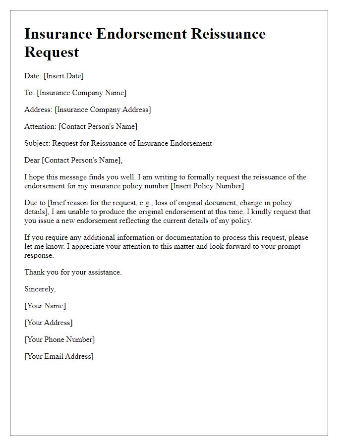 Letter template of insurance endorsement reissuance request