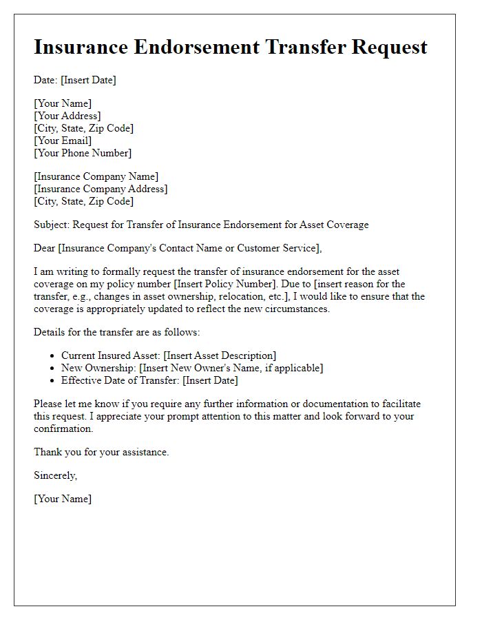 Letter template of insurance endorsement transfer request for asset coverage