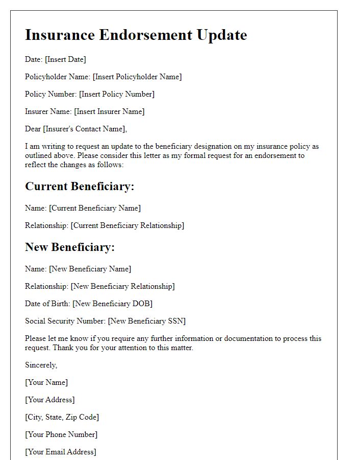 Letter template of insurance endorsement update for beneficiary change