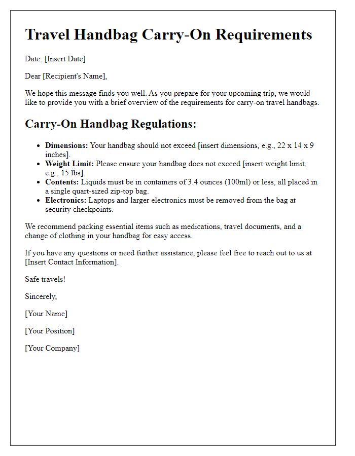 Letter template of travel handbag carry-on requirements explanation