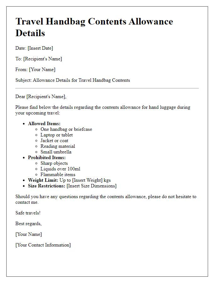 Letter template of travel handbag contents allowance details