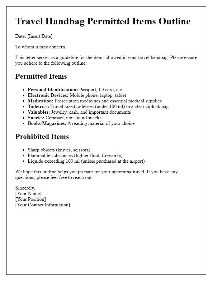 Letter template of travel handbag permitted items outline