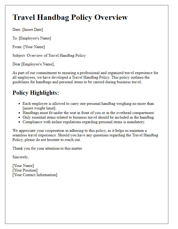 Letter template of travel handbag policy overview