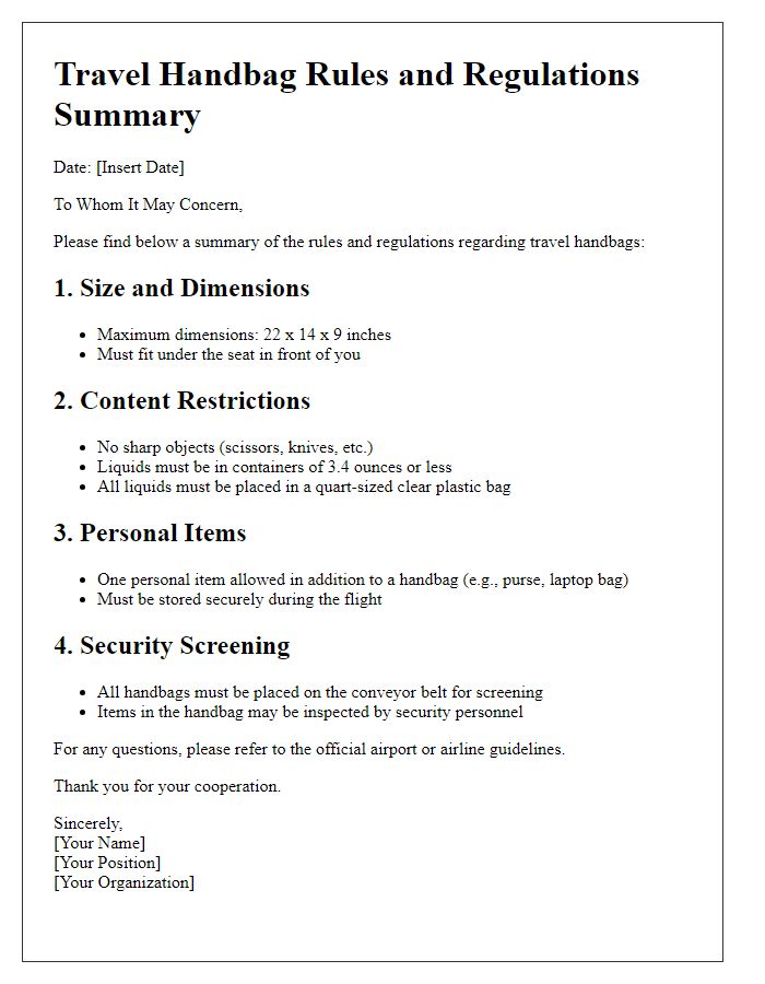 Letter template of travel handbag rules and regulations summary