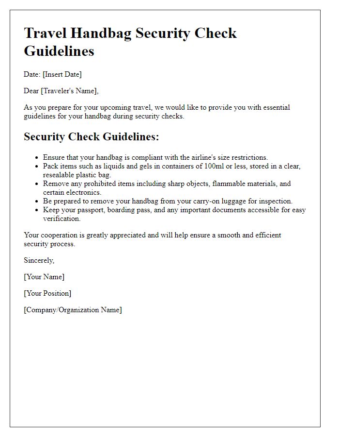 Letter template of travel handbag security check guidelines